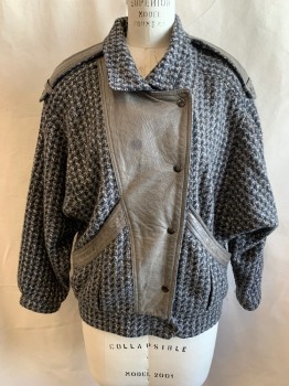 Womens, Jacket, CONCEPT, Black, Gray, Beige, Brown, Wool, Tweed, W: 30, M, Gray Leather Trim, Gray Leather Epaulets, C.A., Snap Front, 2 Slant Pockets, Elastic Waist *Stain on Center Front