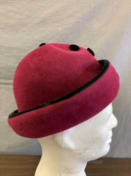 Womens, Hat, LOLA FOR VERA CO, Red Burgundy, Wool, OS, Cloche, Rolled Brim, Black Velvet Trim, Black Velvet Buttons Down Center