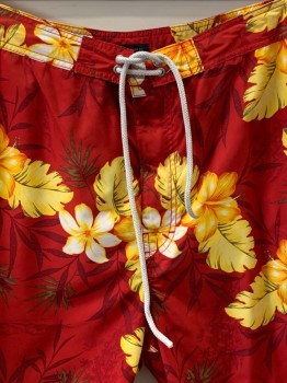 BANANA REPUBLIC, Red, Yellow, Dk Khaki Brn, White, Polyester, Floral, F.F, Lace Tie With Velcro Front, Side And Back Pocket,