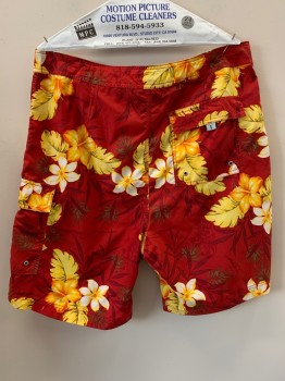 BANANA REPUBLIC, Red, Yellow, Dk Khaki Brn, White, Polyester, Floral, F.F, Lace Tie With Velcro Front, Side And Back Pocket,