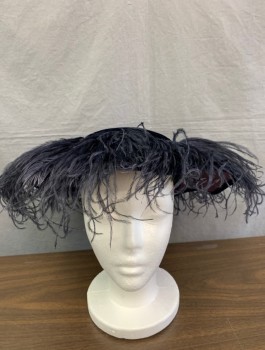 Womens, Hat, N/L, Midnight Blue, Cotton, Feathers, Velvet with Ostrich Feathers Around Brim, Low/Flat Crown, 3" Brim, in Good Condition