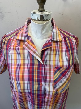 SEARS MATERNITY, Red, Purple, Goldenrod Yellow, Lt Blue, Pink, Cotton, Plaid, S/S, Button Front, C.A.,1 Pocket