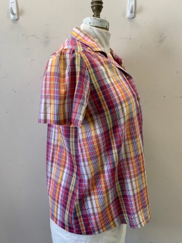 Womens, Shirt, SEARS MATERNITY, Red, Purple, Goldenrod Yellow, Lt Blue, Pink, Cotton, Plaid, W: 48, B: 44, S/S, Button Front, C.A.,1 Pocket