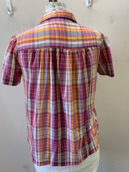 SEARS MATERNITY, Red, Purple, Goldenrod Yellow, Lt Blue, Pink, Cotton, Plaid, S/S, Button Front, C.A.,1 Pocket