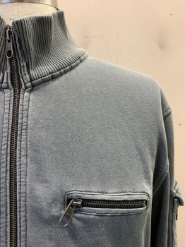 H&M, Gray, Cotton, Solid, Stand Collar; Zip Front, 3 Pockets, 1 Zip Pocket At Left Sleeve