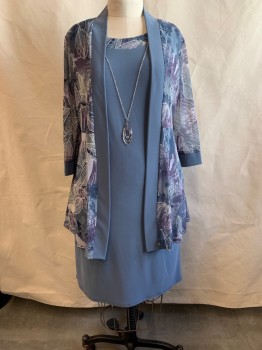 R&M RICHARDS, Blue-Gray, Dusty Purple, Multi-color, Polyester, Spandex, Floral, JACKET, Shawl Lapel, Open Front, Dark Blue and White Details