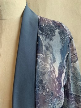 R&M RICHARDS, Blue-Gray, Dusty Purple, Multi-color, Polyester, Spandex, Floral, JACKET, Shawl Lapel, Open Front, Dark Blue and White Details