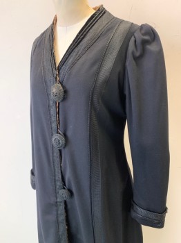 Womens, Coat 1890s-1910s, N/L MTO, Black, Wool, Solid, B:32, XS, 3 Large Buttons with Intricate Corded Detail, Vertical Stripes of Black Gimp and Braided Horsehair Trim at Front, Ankle Length, Taupe Lining with Self Diamond Pattern, Made To Order