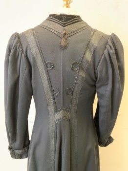 Womens, Coat 1890s-1910s, N/L MTO, Black, Wool, Solid, B:32, XS, 3 Large Buttons with Intricate Corded Detail, Vertical Stripes of Black Gimp and Braided Horsehair Trim at Front, Ankle Length, Taupe Lining with Self Diamond Pattern, Made To Order