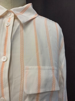 EQUIPMENT, White, Melon Orange, Silk, Stripes, Geometric, Collar Attached, Button Front, Long Sleeves, 2 Pockets, 2 Button Cuffs