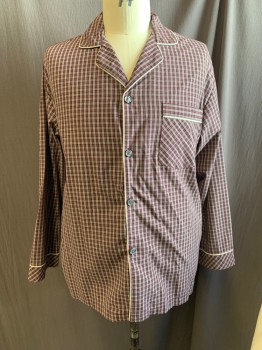 STAFFORD, Red Burgundy, Gray, White, Black, Poly/Cotton, Plaid, Collar Attached, Button Front, Long Sleeves, 1 Chest Pocket, White Piping