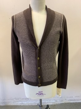 55 BROOME, Cotton, Rayon, Shawl Collar, Solid Brown Sleeves & Back Rest Brown & Cream Basket Weave Texture