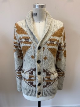 SCHOTT BROS , Poly/Cotton, Wool, Grey W/brown & Blk Nordic Design, Shawl Collar, SB,  B.F., 2 Pckts
