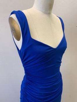 LAUNDRY SHELLI SEGAL, Royal Blue, Polyester, Spandex, Solid, 2000's, Stretchy, 1.5" Wide Straps, Queen Ann Neckline, Ruched Sides, Hem Above Knee, Invisible Zipper in Back