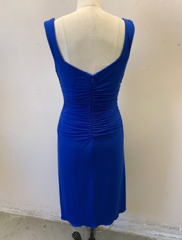 LAUNDRY SHELLI SEGAL, Royal Blue, Polyester, Spandex, Solid, 2000's, Stretchy, 1.5" Wide Straps, Queen Ann Neckline, Ruched Sides, Hem Above Knee, Invisible Zipper in Back