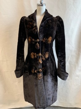 Womens, Coat 1890s-1910s, NL, Chocolate Brown, Tobacco Brown, Cotton, Solid, B.30, Velvet, Fur & Leather Fasteners, Quilted Lining, Cuffed Sleeves