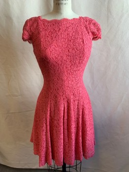 ADRIANNA PAPELL, Pink, Viscose, Nylon, Floral, Solid, Square Neck, Cap Sleeves, Frayed Sleeves and Hem, Zip Back