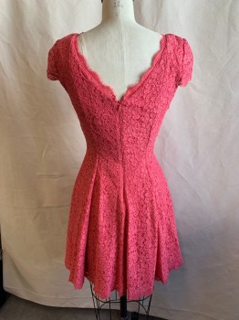 ADRIANNA PAPELL, Pink, Viscose, Nylon, Floral, Solid, Square Neck, Cap Sleeves, Frayed Sleeves and Hem, Zip Back