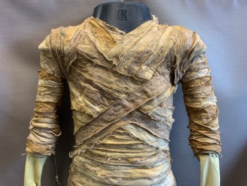Womens, Historical Fiction Piece 1, MTO, Ochre Brown-Yellow, Cotton, Latex, Solid, W26, B30, H34, Gauze/cotton Wrapped Mummy Body, Aged & Distressed, Hieroglyphic Print, Zip Back with Velcro Closure, Basket Weave V Shape Front and Back, Shoulder Snaps, Legs Wrapped Together But Foot Center Back Zipper and Elastic for Actor to Walk, Head and Mittens, Made To Order,