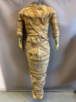 Womens, Historical Fiction Piece 1, MTO, Ochre Brown-Yellow, Cotton, Latex, Solid, W26, B30, H34, Gauze/cotton Wrapped Mummy Body, Aged & Distressed, Hieroglyphic Print, Zip Back with Velcro Closure, Basket Weave V Shape Front and Back, Shoulder Snaps, Legs Wrapped Together But Foot Center Back Zipper and Elastic for Actor to Walk, Head and Mittens, Made To Order,