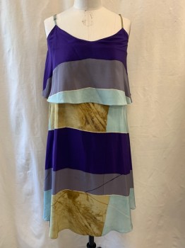 TRACY REESE, Purple, Gray, Mint Green, Lt Brown, Dusty Yellow, Polyester, Stripes - Diagonal , V-neck, Over Layer Over Bust, Adjustable Straps, Knee Length
