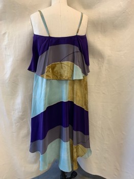 TRACY REESE, Purple, Gray, Mint Green, Lt Brown, Dusty Yellow, Polyester, Stripes - Diagonal , V-neck, Over Layer Over Bust, Adjustable Straps, Knee Length