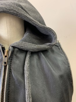 Womens, Leather Vest, FITICUESO, Faded Black, Gray, Leather, Cotton, Solid, 4, Zip Front, Gray Waffle Print Hood Attached, Drawstring, 2 Pockets, *Aged/Distressed*