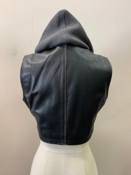 Womens, Leather Vest, FITICUESO, Faded Black, Gray, Leather, Cotton, Solid, 4, Zip Front, Gray Waffle Print Hood Attached, Drawstring, 2 Pockets, *Aged/Distressed*