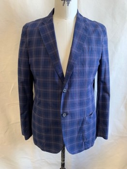 MAX DAVOLI, Navy Blue, Gray, Plum Purple, Sage Green, Poly/Cotton, Plaid, Notched Lapel, Single Breasted, Button Front, 2 Buttons, 3 Pockets