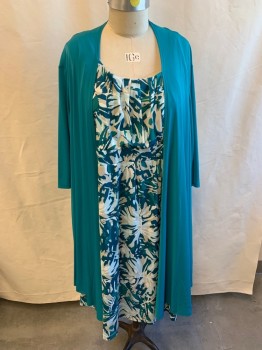 CATHERINE'S, Teal Green, Teal Blue, White, Lt Beige, Polyester, Spandex, Leaves/Vines , Abstract , 3/4 Sleeves Robe Attached to Sleeveless Dress, Scoop Neck, Gathered Bust, Abstract Leave Pattern on Dress