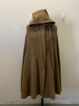 Unisex, Historical Fiction Cape, MTO, Lt Brown, Wool, Solid, O/S, 1800s, Hood Attached, Ties at Shoulders, Button Front, Hidden Placket, Armholes *Small Hole at Back of Cape*