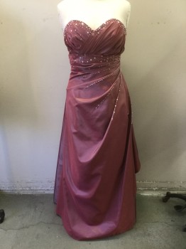 N/L, Dusty Rose Pink, Polyester, Beaded, Solid, Strapless Boned Bodice, Zip Back, Lacing/Ties Back for Adjusting Between at 32 and a 38 Bust, Pleated Sweetheart Bust with Sequins and Beads, Skirt Swept Up to Left Side with Swag