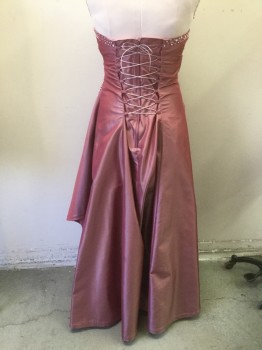 N/L, Dusty Rose Pink, Polyester, Beaded, Solid, Strapless Boned Bodice, Zip Back, Lacing/Ties Back for Adjusting Between at 32 and a 38 Bust, Pleated Sweetheart Bust with Sequins and Beads, Skirt Swept Up to Left Side with Swag