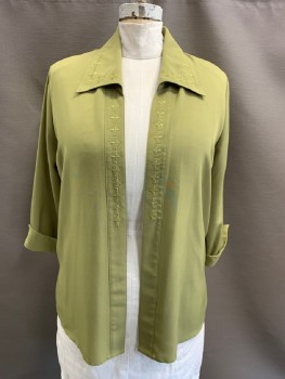 EMARK, Pea Green, Polyester, Viscose, C.A., Open Front, L/S, Padded Shoulders, Cuffed, Floral Embroidery & Rhinestones On Collar/Placket/Cuffs, Split Hem
