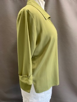 EMARK, Pea Green, Polyester, Viscose, C.A., Open Front, L/S, Padded Shoulders, Cuffed, Floral Embroidery & Rhinestones On Collar/Placket/Cuffs, Split Hem