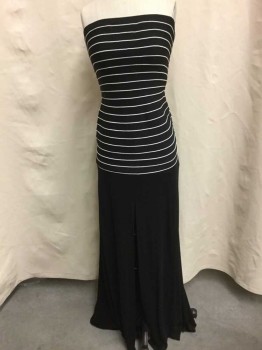 Womens, Evening Gown, N/L, Black, White, Stripes - Horizontal , Solid, Strapless, Stretch Knit, Black with White Horizontal Ribs, Body Con Style, Drop Waist, Hem Below Waist Is Solid Black Stretchy Crepe, Slit At Center Front Hem, Invisible Zipper At Center Back,
