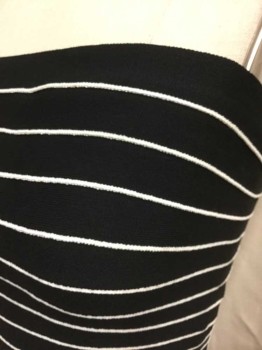 Womens, Evening Gown, N/L, Black, White, Stripes - Horizontal , Solid, Strapless, Stretch Knit, Black with White Horizontal Ribs, Body Con Style, Drop Waist, Hem Below Waist Is Solid Black Stretchy Crepe, Slit At Center Front Hem, Invisible Zipper At Center Back,