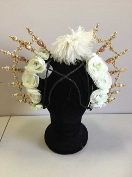 Unisex, Sci-Fi/Fantasy Headpiece, Gold, Pink, White, Beaded, Feathers, Floral, Geometric, Antique Looking Hindu Looking Ethnic Crown