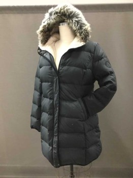 Womens, Coat, Winter, RALPH LAUREN, Black, Cream, Nylon, Feathers, Solid, XL, 3/4 Length Down Coat, Zip & Snap Front Closure, Faux Fur Trimmed Hood W/ Cream Polar Fleece