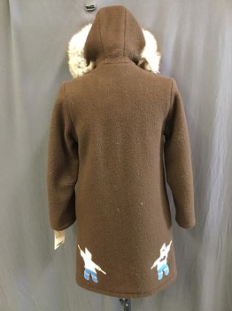 Womens, Jacket, HUDSON'S BAY COMPANY, Brown, Orange, White, Royal Blue, Wool, Fur, Solid, Novelty Pattern, S/M, 2-way Zip Front, Fur Trimmed  Hood Hip Length, 2 Pockets, Lined, Felt Inuit and Fox  Appliques