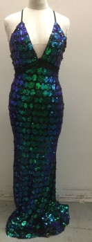 Iridescent Blue, Iridescent Green, Black, Sequins, Elastane, Abstract , Plunging V-neck, Back Zipper, Empire Waist with Lace Trim, Criss Cross Adjustable Straps, Full Length Gown Flared Hem