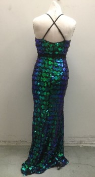 Iridescent Blue, Iridescent Green, Black, Sequins, Elastane, Abstract , Plunging V-neck, Back Zipper, Empire Waist with Lace Trim, Criss Cross Adjustable Straps, Full Length Gown Flared Hem