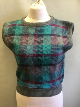 Womens, Vest, HABERDASHERY, Gray, Teal Blue, Magenta Purple, Purple, Black, Acrylic, Polyester, Plaid, P L, with Oversized Armholes, Solid Gray Ribbed Crew Neck, Armholes and Waistband,