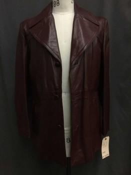 Mens, Leather Jacket, Red Burgundy, Leather, Solid, 40, Button Front, Collar Attached, Notched Lapel, 2 Pockets,