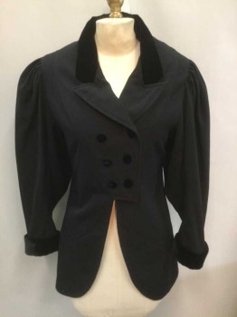 Womens, Jacket 1890s-1910s, MTO, Black, Wool, Solid, W 28, B:32, Double Breasted, Peaked Lapel, Velvet Panel On Lapel and Cuffs, Velvet Covered Buttons, Voluminous Sleeves with Gathering At Shoulders, Tailcoat Style, Pleated Detail At Center Back Hem, Made To Order,