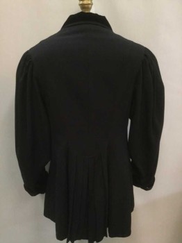 MTO, Black, Wool, Solid, Double Breasted, Peaked Lapel, Velvet Panel On Lapel and Cuffs, Velvet Covered Buttons, Voluminous Sleeves with Gathering At Shoulders, Tailcoat Style, Pleated Detail At Center Back Hem, Made To Order,