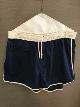 Adidas, Navy Blue, White, Cotton, Cotton Athletic Shorts, Elastic Waistband with Drawstring, Back Pocket, Navy with White Trim, Rounded Hem, Front Flap Pocket with Snap, Tennis Shorts