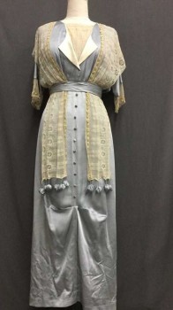 Womens, Evening Dress 1890s-1910s, Gray, Cream, Lt Yellow, Silk, Cotton, Solid, Geometric, 38B , 12, 30W, Very Good Condition. Old and New Fabrics. Antique Lace Shawl Over Satin Dress with Contrast Fold Over Collar. Attached Cummerbund and Self Covered Buttons Center Front. Short Sleeve. Pale Yellow Satin