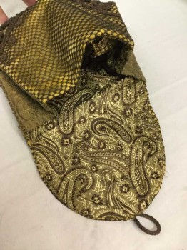 Womens, Purse 1890s-1910s, N/L, Lt Yellow, Brown, Gold, Silk, Floral, Yellowish Green Silk, Brown with Flecks Of Gold Honeycomb Crochet with Crochet Florets, Brown/Olive Paisley, Crochet Hook and Button Closure,