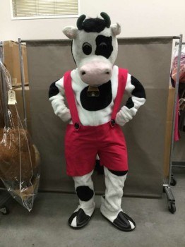 MTO, White, Black, Cow-HEAD- Package Includes, Fur Body, Fuschia Overall/shorts, Fuschia/copper Cowbell, Booties, Mitts, Measures 58" From Base Of Neck To Ankle, Height 5'10"